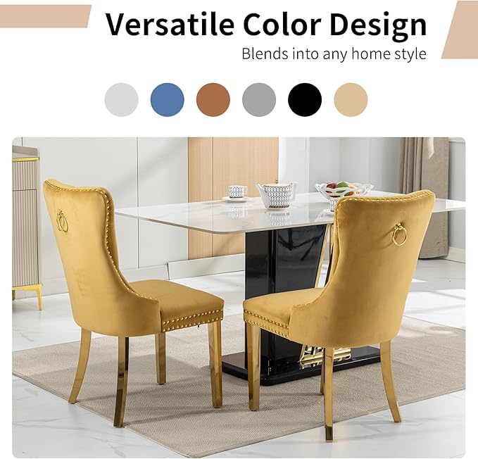 Luxury Upholstered Dining Chairs Set of 2, Yellow Kitchen Chair with Golden M...