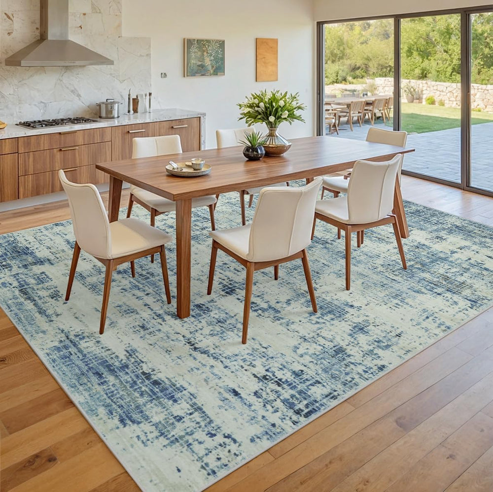 10x14 Washable Area Rug for Living Room Bedroom: Non-Slip Modern Blue Gray