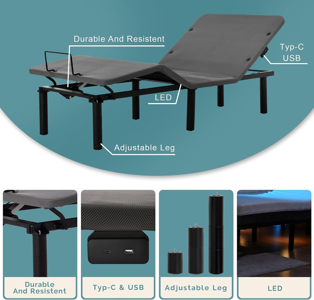 Fromann Adjustable Bed Frame Twin XL Bed Base with Wireless Remote, Head &...