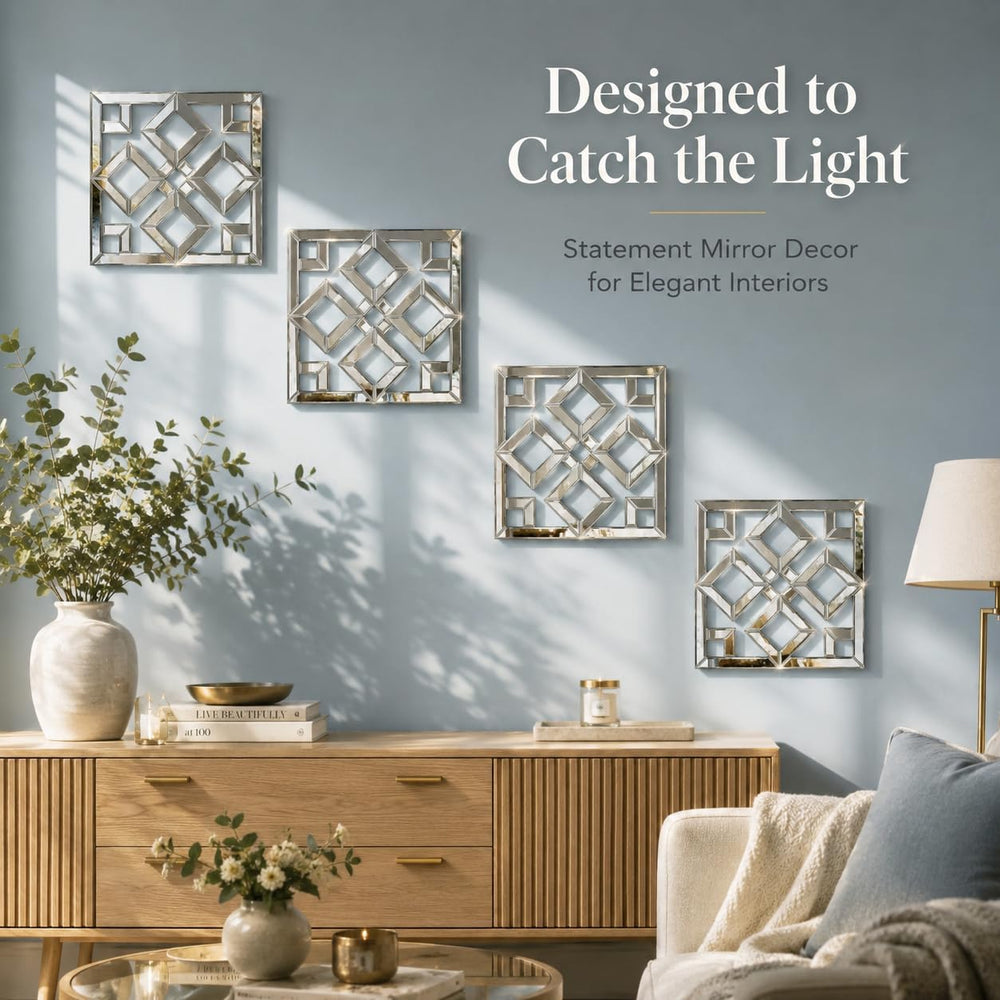 Square Decorative Wall Mirror 12 x 12 Inch, Silver Frameless Mirror Wall Deco...
