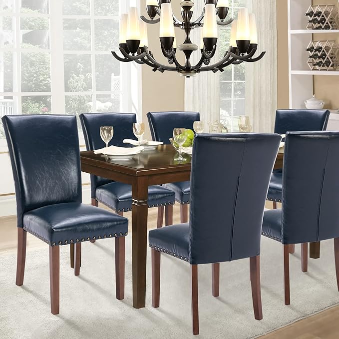 Parsons Dining Chairs Set of 4, Upholstered Nailhead PU Leather Dining Room K...