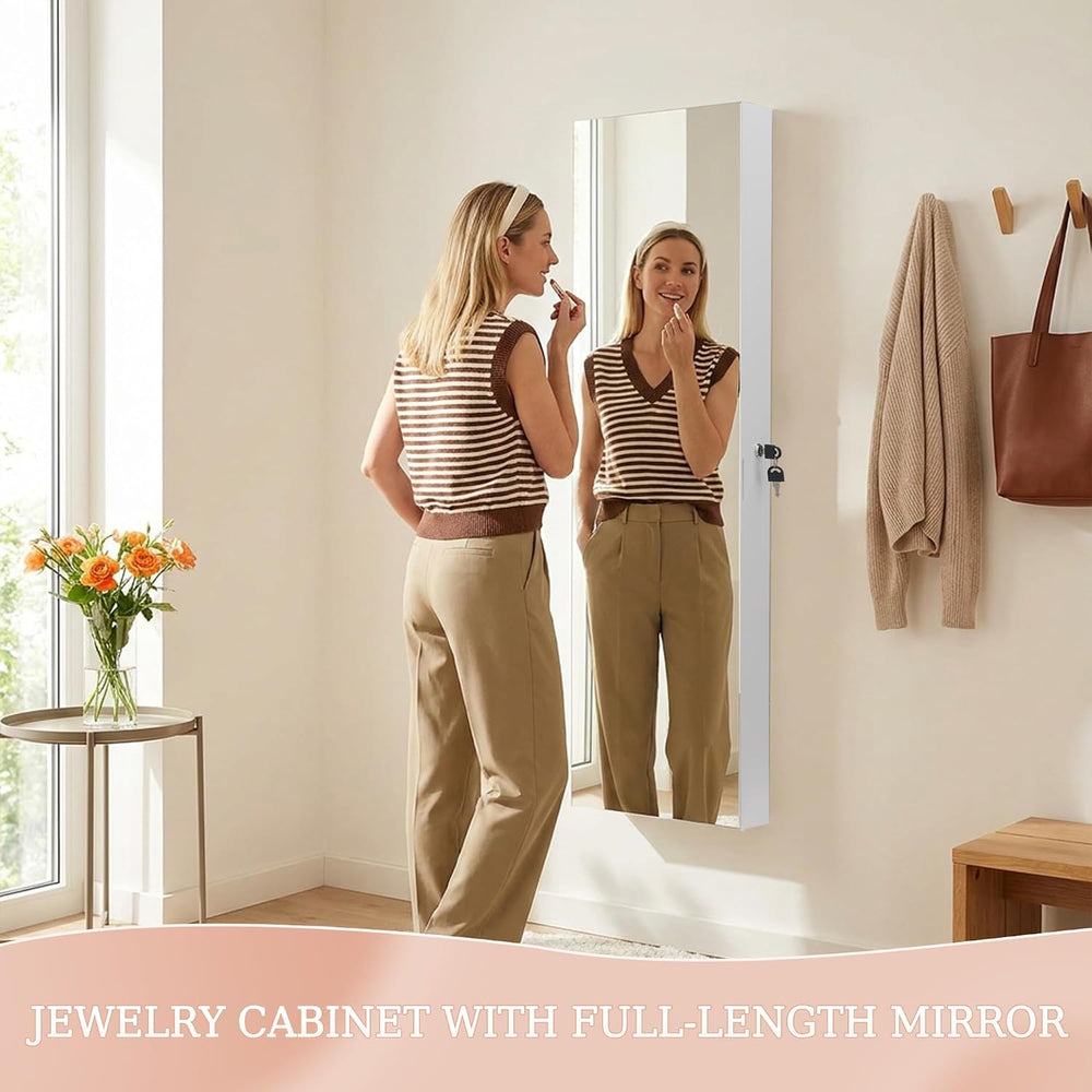Unisakey Lockable Mirror Jewelry Cabinet LED Lights Wall Mount White | Door o...