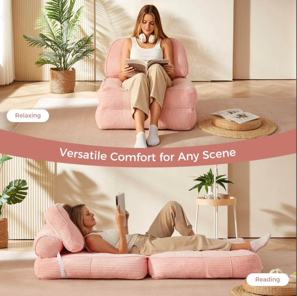 Pink Boneless Chair Bed with Pillow & Blanket, Foldable Sofa Bed