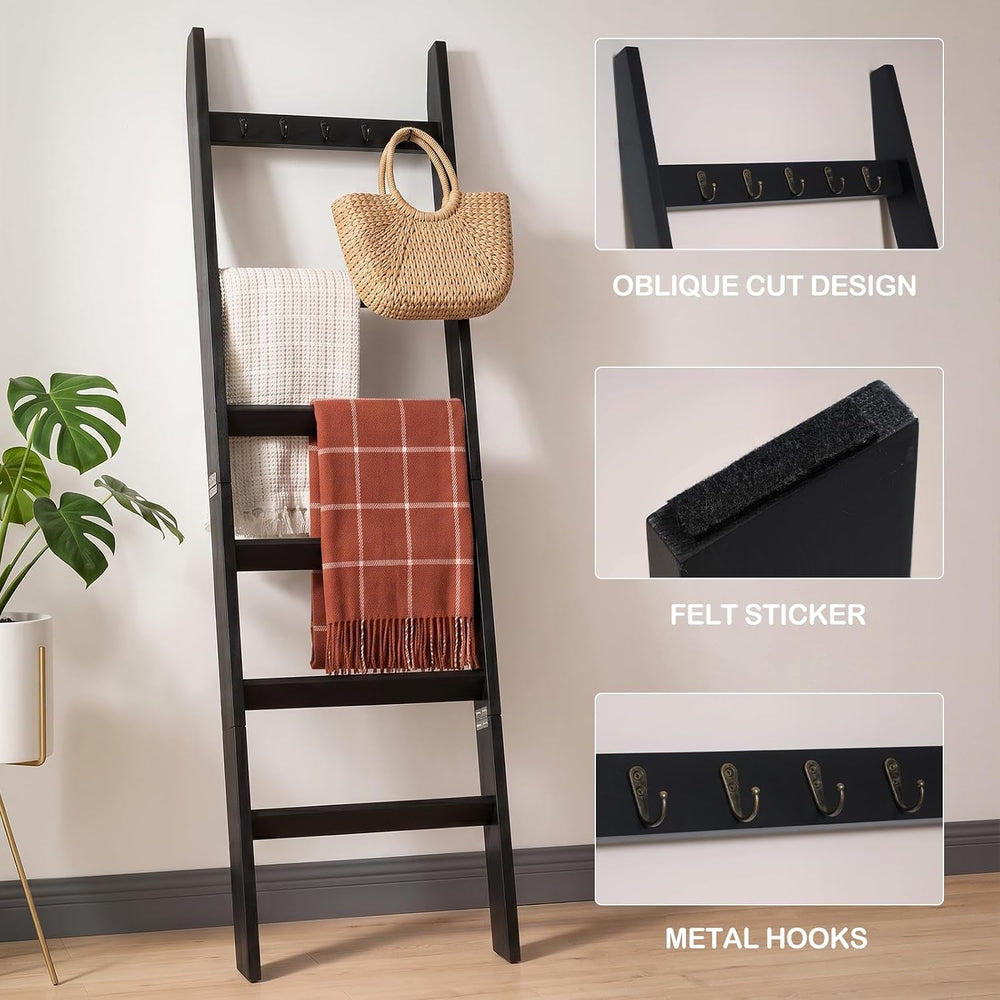 TEAKMAMA 6-Tier 5.4ft Blanket Ladder with Hooks Farmhouse Black | Wall Leanin...