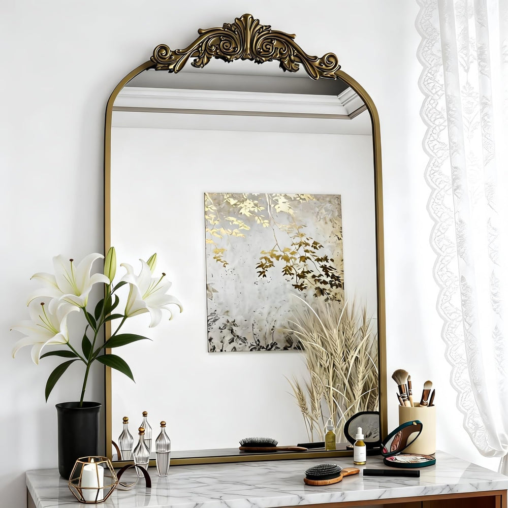Vintage Arched Wall Mirror, 36"x24" Antique Bronze Bathroom Mirror