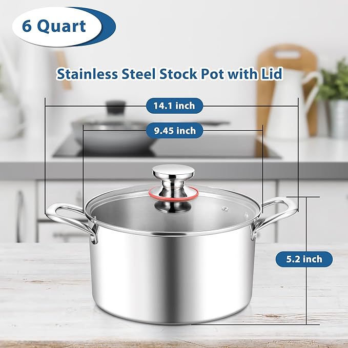 E-far 6 Quart Stock Pot, Tri-Ply Stainless Steel Cooking Pot