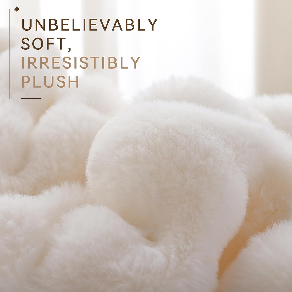 Smoofy Faux Rabbit Fur Throw for Couch - Cream White Bubble Blanket 50"x...