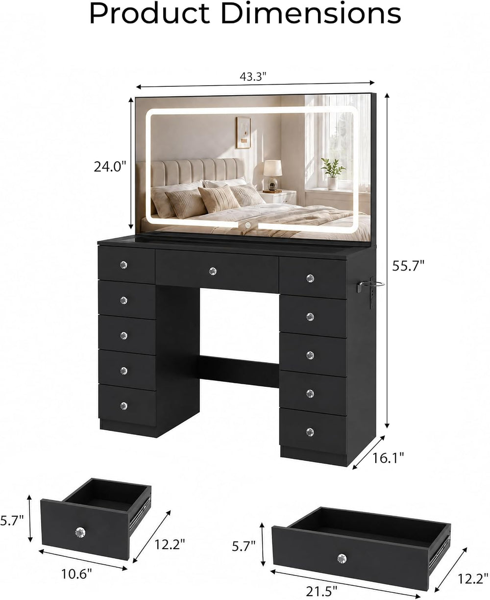 Otterease Black Makeup Vanity with Mirror and Lights,11 Drawers & Glass T...