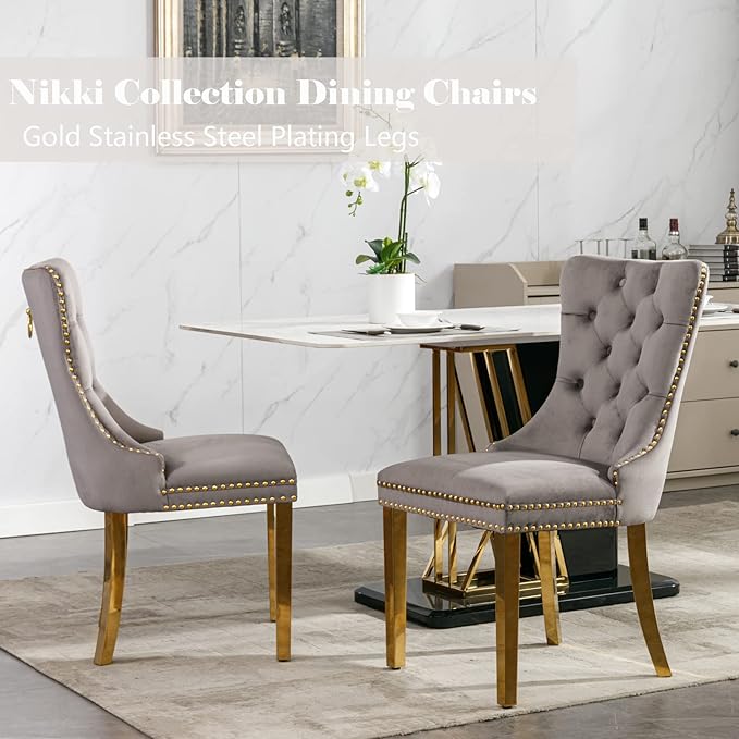 Grey Velvet Dining Chairs Set of 2, Upholstered Dining Room Chairs with Back ...