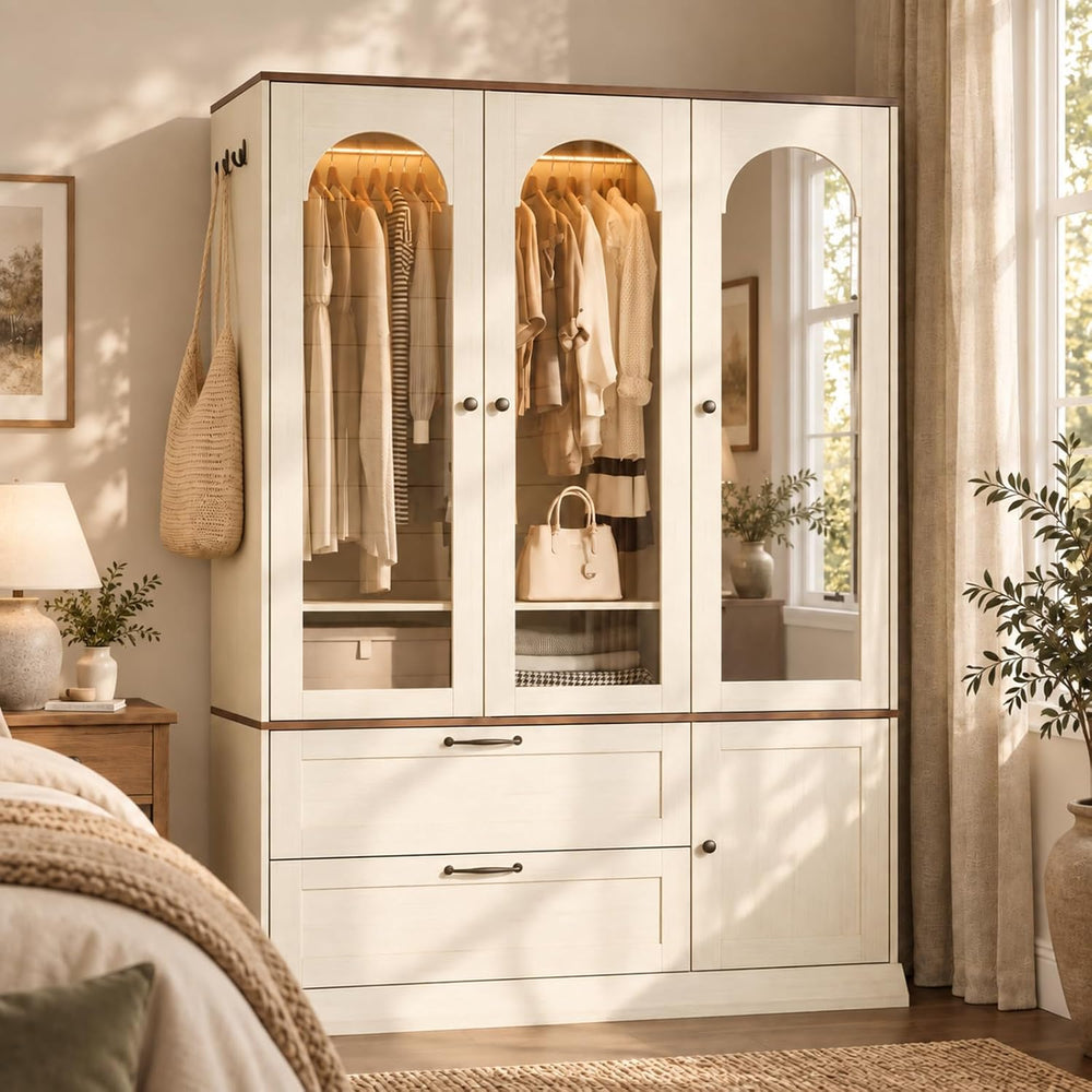 71" H Wardrobe Armoire with Mirror and Sensor Light,Flexible, Antique White