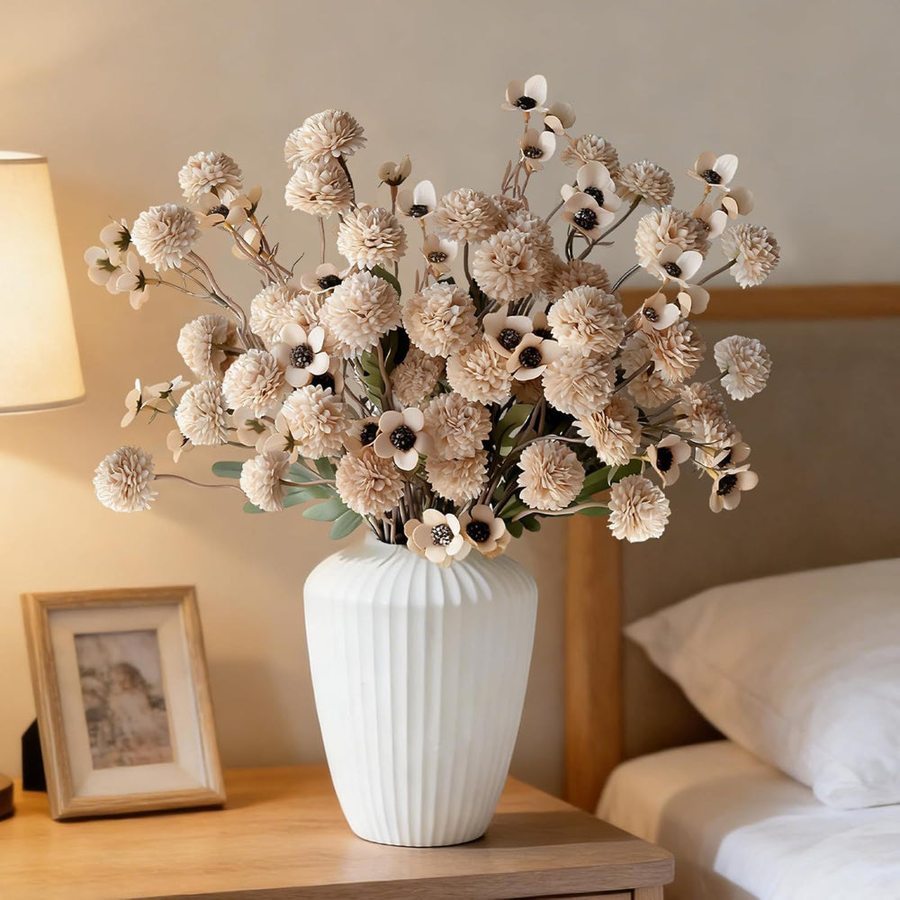 12 Pcs Fake Flowers Beige Faux Pompon Mums Artificial Flowers for Vase