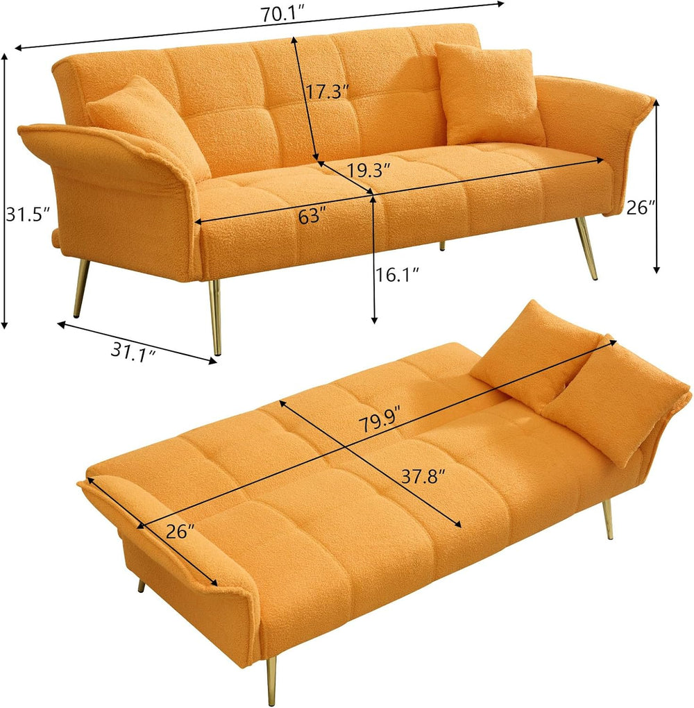 70" Futon Sofa Bed,Teddy Fleece Fabric Couch Bed (Yellow) | 3 Gear Adjus...