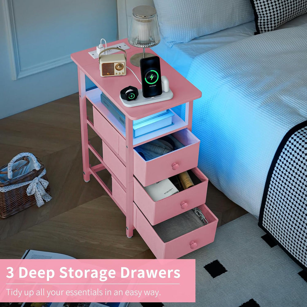 Yoobure End Table with Charging Station, Pink Narrow Nightstand LED Bedside T...