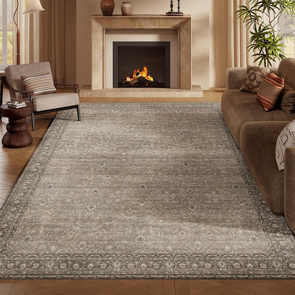6x9 Grey Brown Washable Area Rug for Living Room, Vintage Print