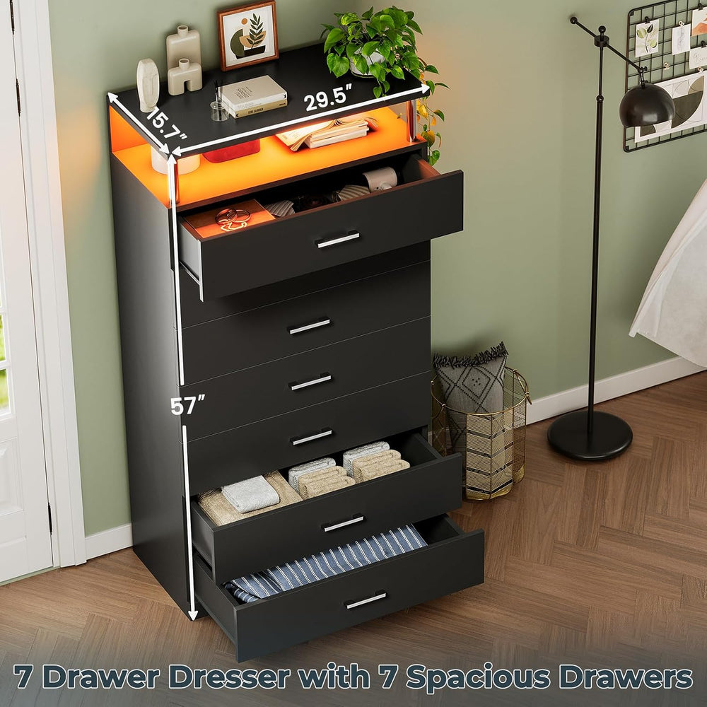AOGLLATI Black Tall Dresser for Bedroom with Column Design & Led Lights, ...