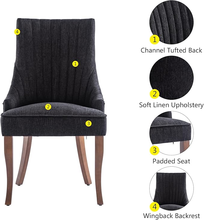 mikibama Linen Dining Chairs Set of 6 Channel Tufted Kitchen Dinner Chair Com...