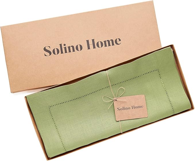 Solino Home Linen Moss Green Hemstitch Table Runner 36 Inches - 100% Pure Lin...