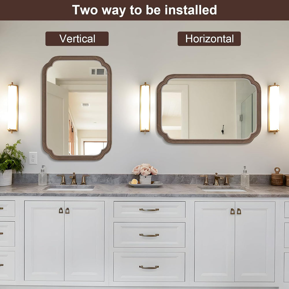 HOMECOOKIN Wood Bathroom Mirror for Wall Decor Arched Rounded Corner Rustic W...