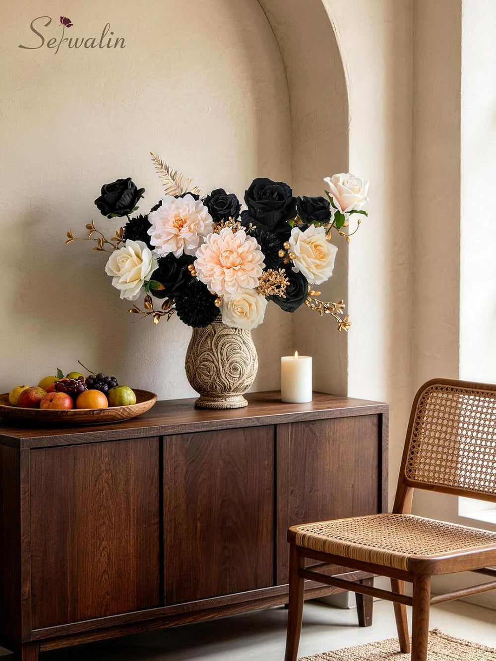Serwalin Artificial Flowers Black Gold Champagne Silk Flowers for Wedding