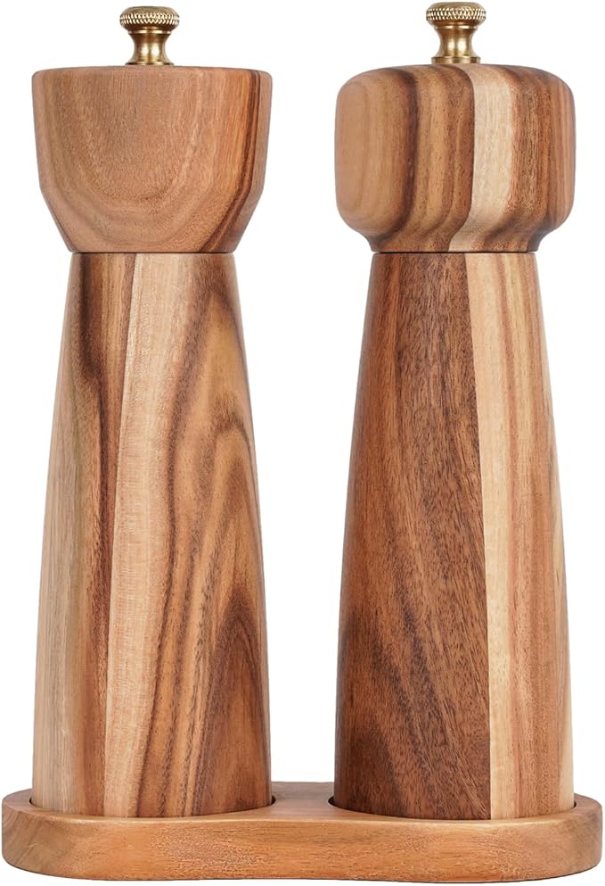 Salt and Pepper Mill Set with Tray, Adjustable Ceramic Grinder Salt Mill