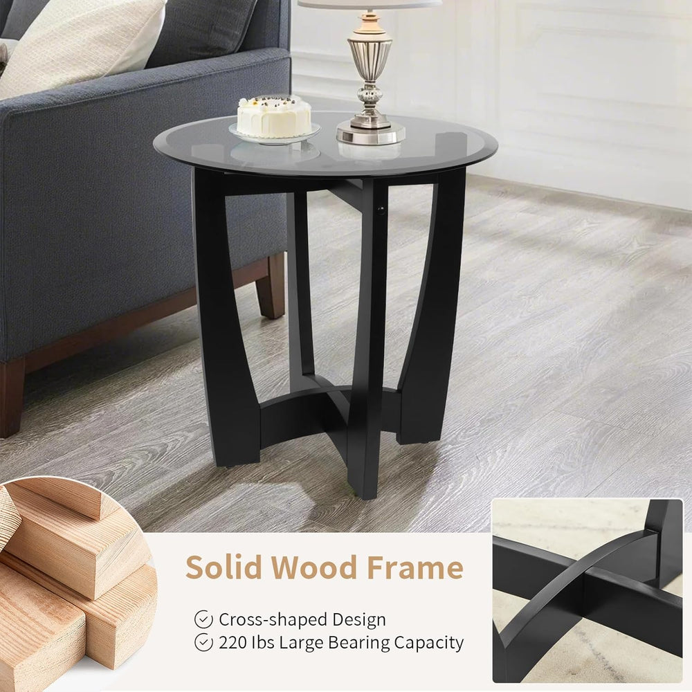 LKTART Glass End Table, 23.5" Round Side Tables with Black Tempered Glas...