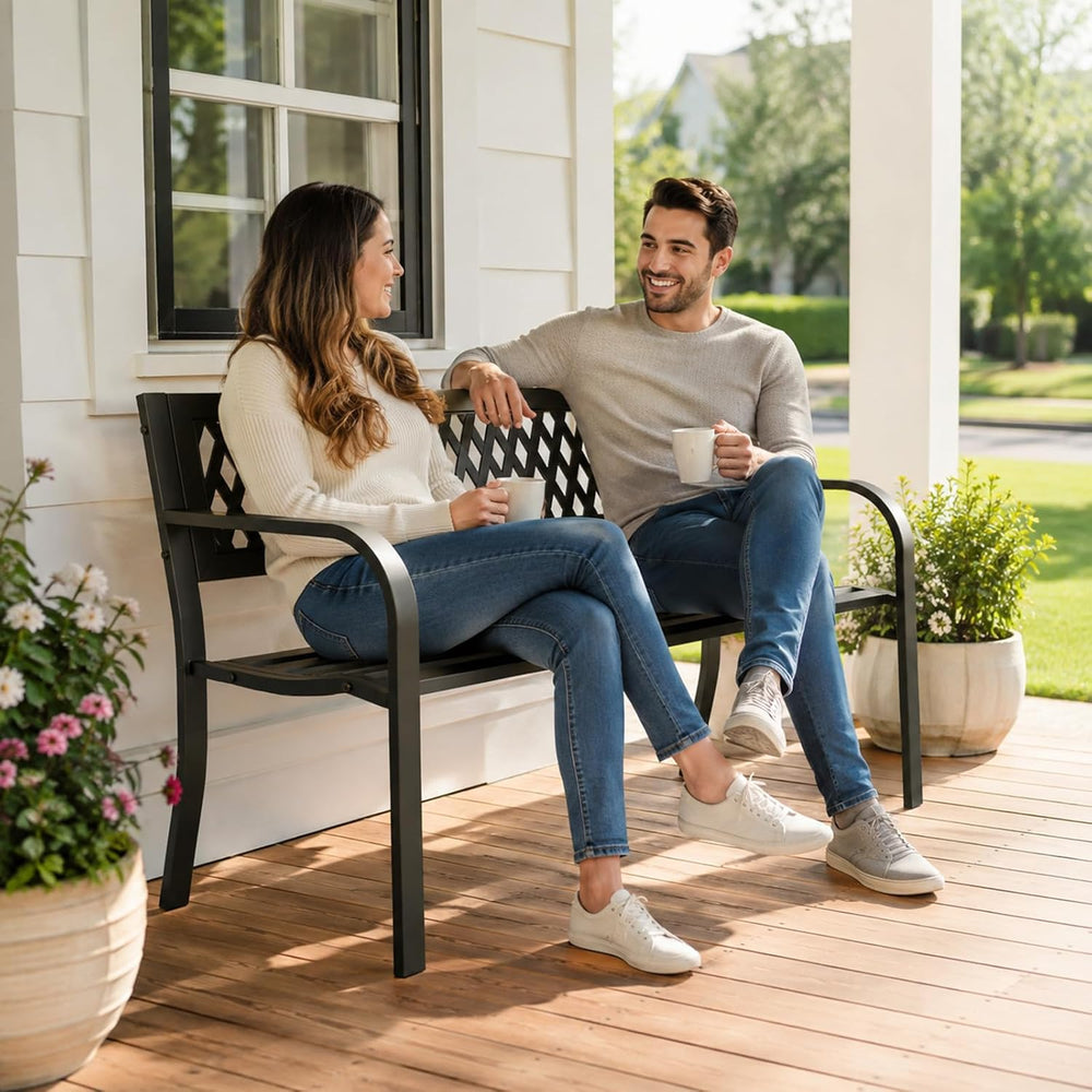 47" Outdoor Garden Bench, Metal Patio Bench with Backrest, Black