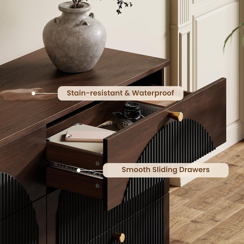 Arched 55" Wide Dresser for Bedroom 6 Drawers Fluted Walnut Black