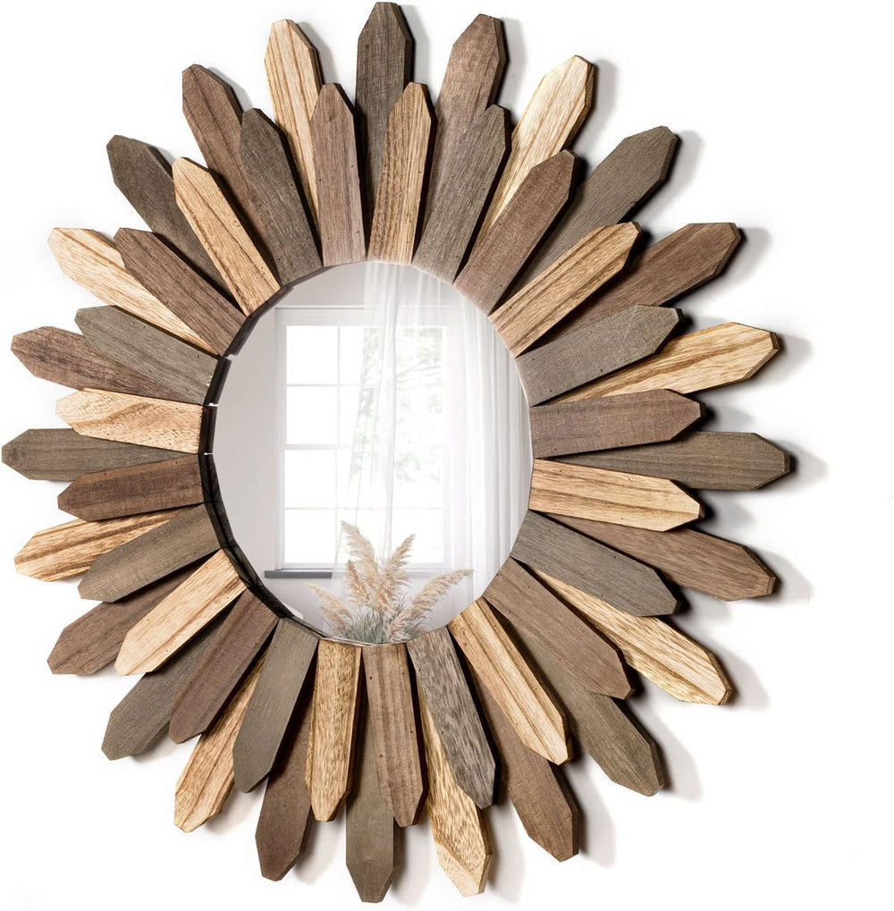Honiway Boho Wall Decor 21 inch Wall Mirror Rustic Wood Decorative Mirror for...