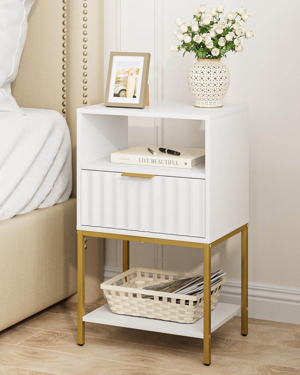 Nightstand,Modern Bedside Table with One Drawer and Two Shelf,White Night Sta...