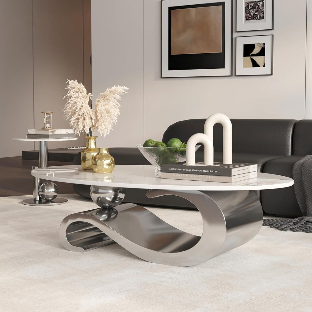 52" Oval Marble Coffee Table for Living Room, Modern Stainless Steel Sil...