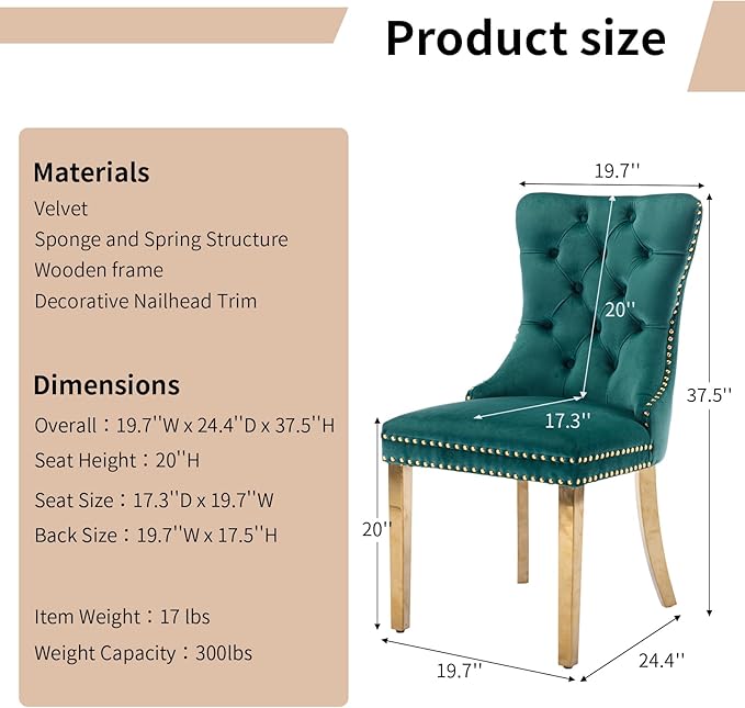 Luxury Upholstered Dining Chairs Set of 2, Green Kitchen Chair with Golden Me...