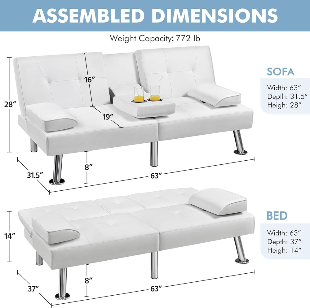 Yaheetech Convertible Futon Sofa Bed Loveseat with Cup Holder, White