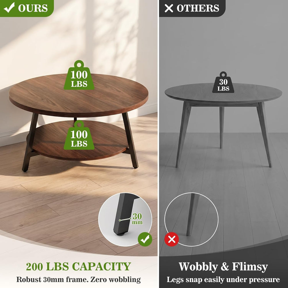 35.4" Round Wood Coffee Table with 2-Tier Storage, 1" Thick Top