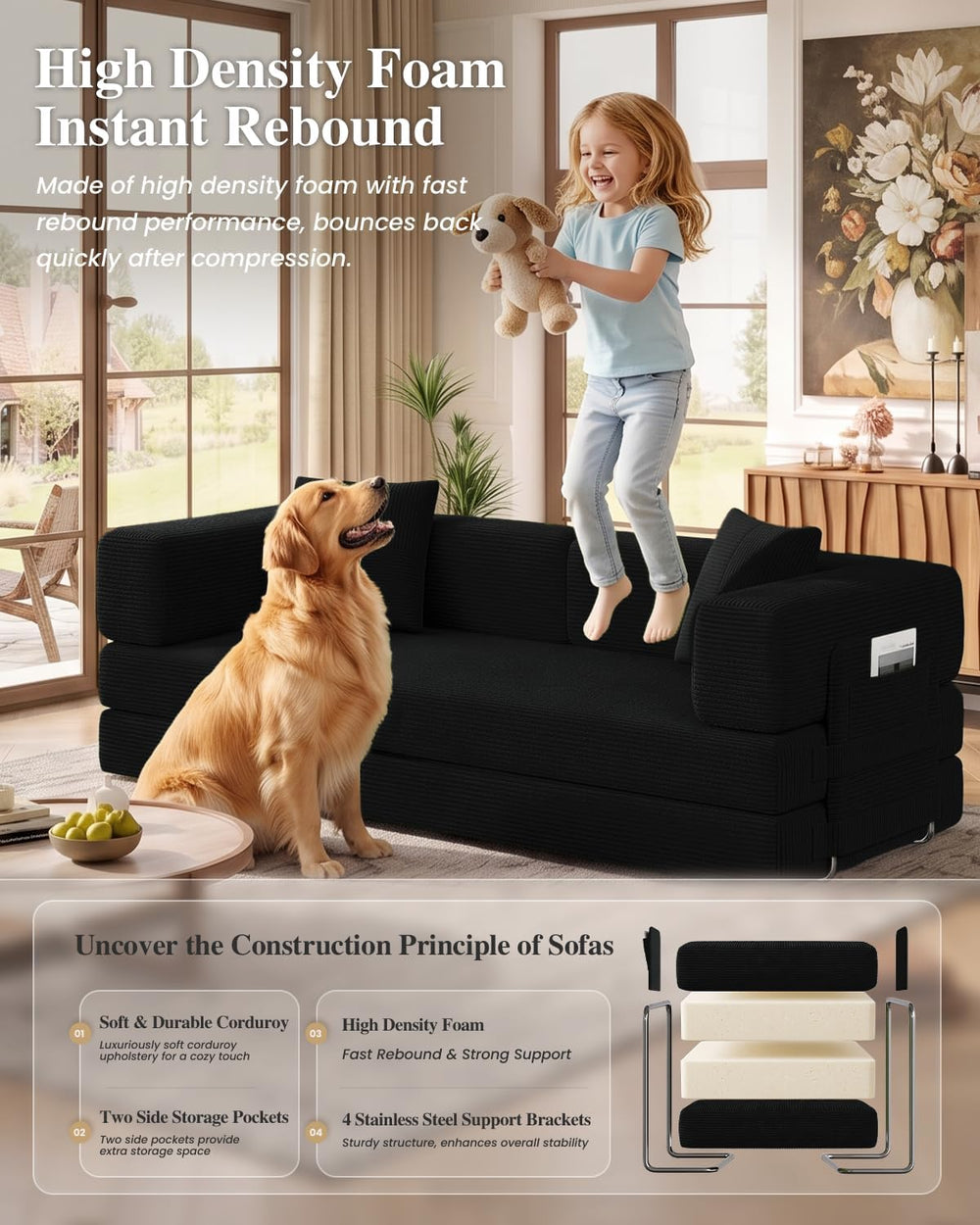 79.5" 5-in-1 Convertible Futon Sofa Bed, Boneless Corduroy, Black