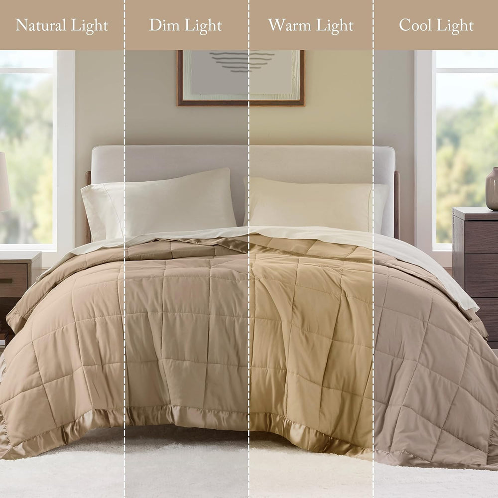 Madison Park Down Alternative Queen Blanket for Bed, Satin Trim, Brown