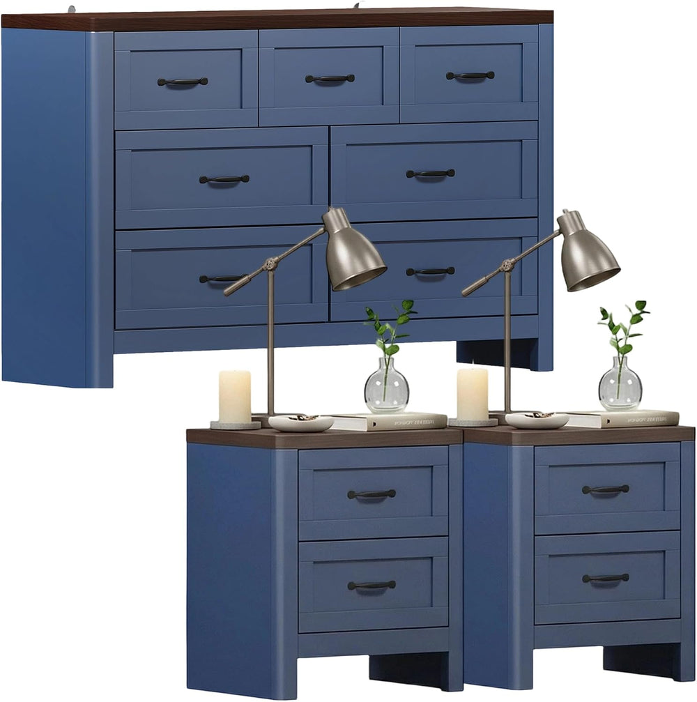 Farmhouse Dresser and Nightstand Sets 3 Piece,Bedroom Furniture Set, 7 Drawer...