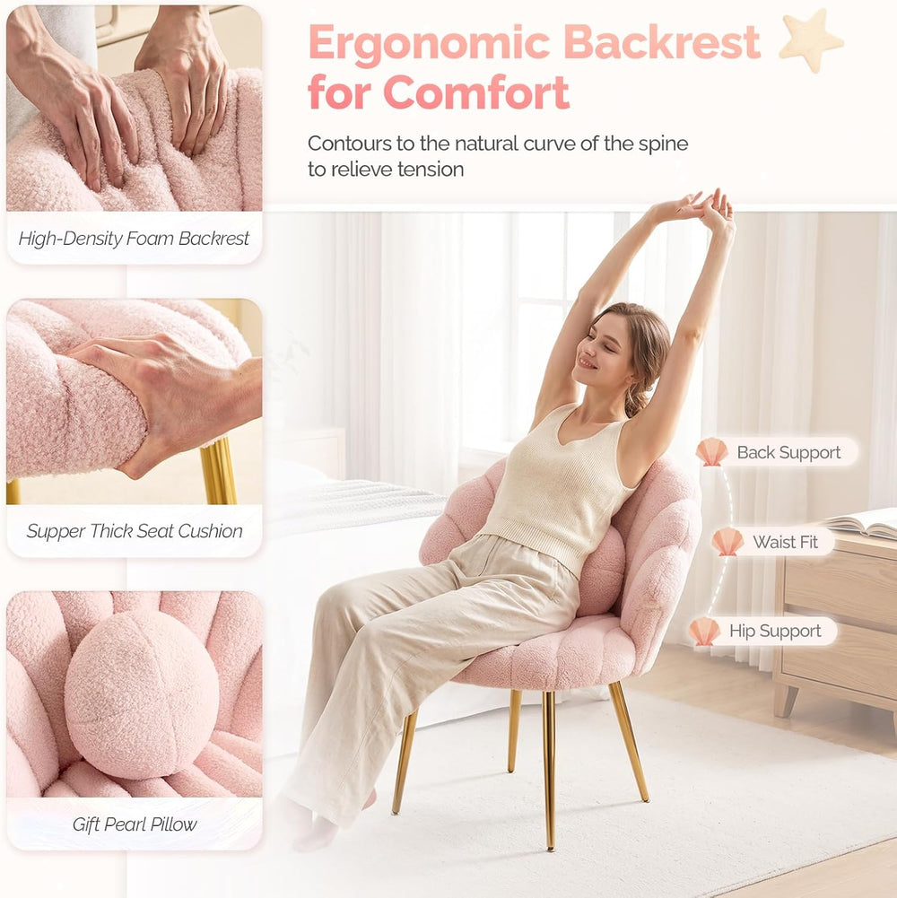 VINGLI Shell-Shaped Teddy Fleece Accent Vanity Chair with Back,Comfy Pink and...