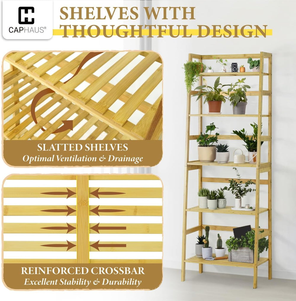 CAPHAUS Bookshelf, 5-Tier Bookcase, Tall Ladder Shelf with Bamboo Frame,Frees...
