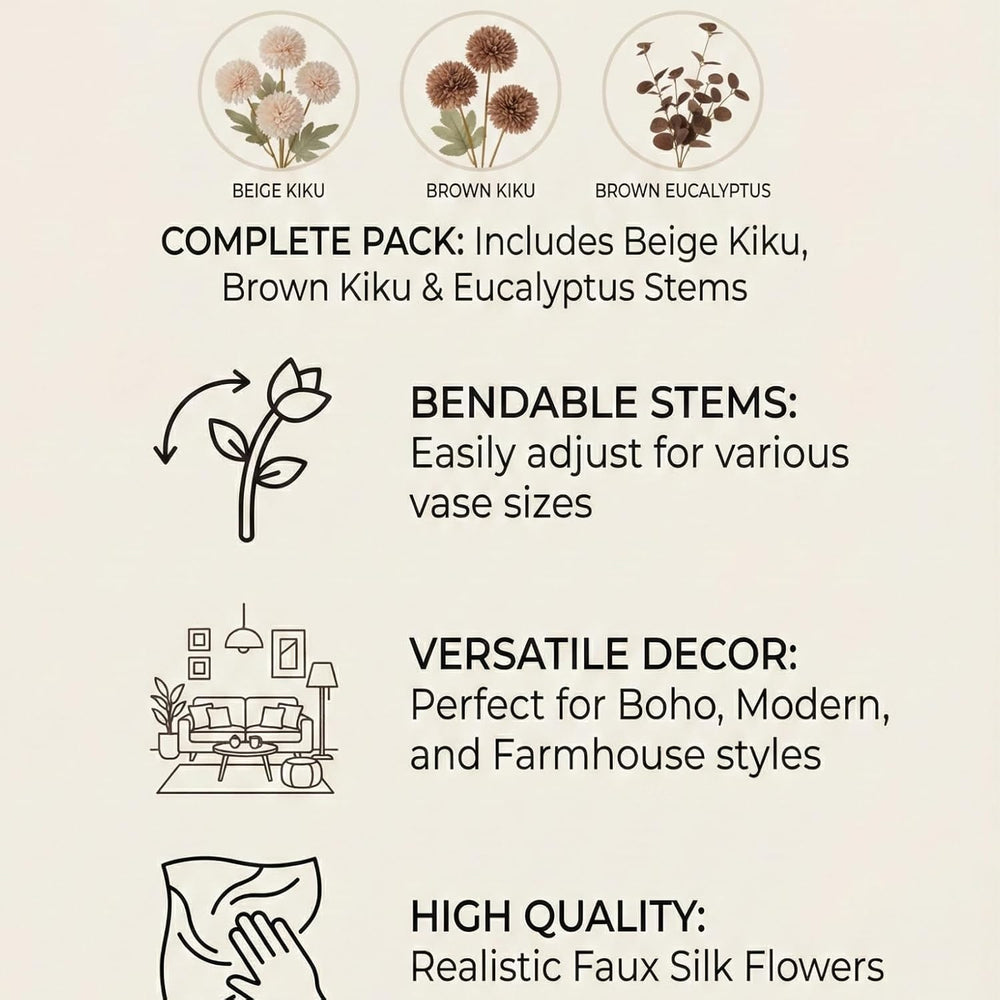 22pcs Artificial Beige & Brown Kiku Flowers with Eucalyptus Stems Bulk, F...