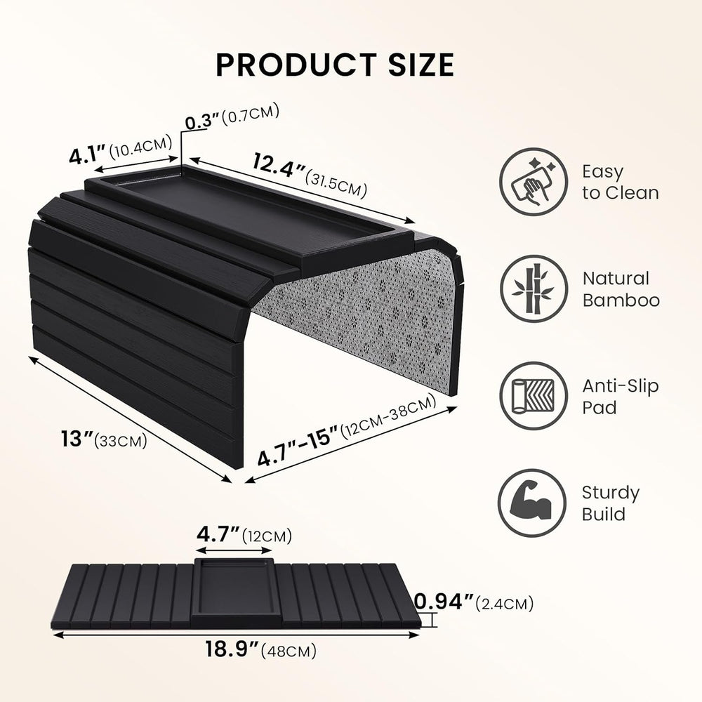 2 Pack Bamboo Folding Sofa Arm Tray with Anti-Slip Pad (Black) | Couch Armres...