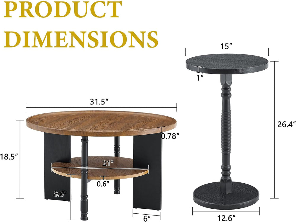 2-Piece Coffee Table Set, Walnut and Black Wood Grain, Side Table | Wood Grai...