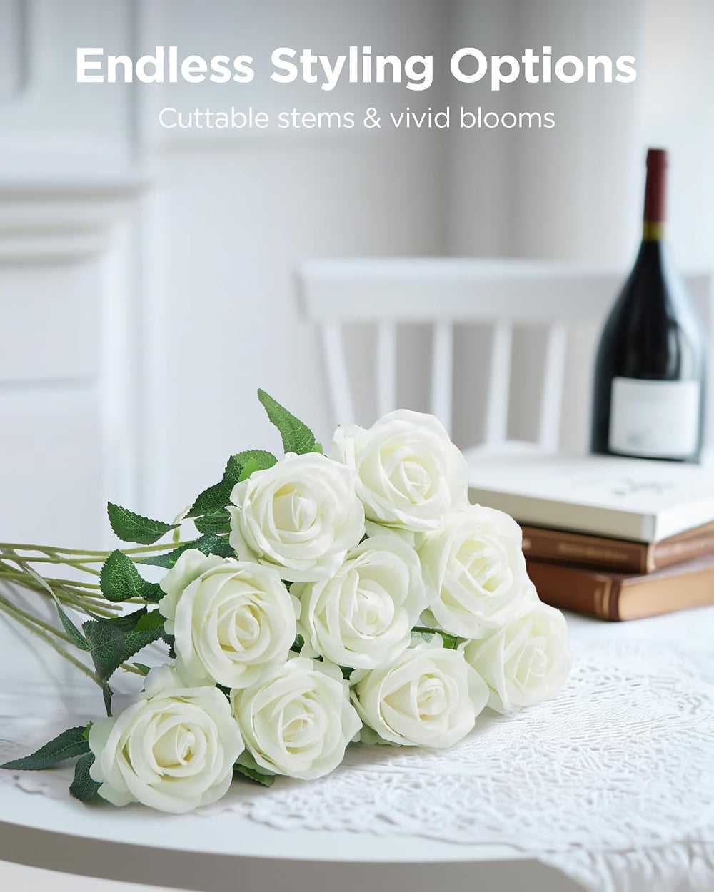 InnoGear White Roses Artificial Flowers 50 Pcs Fake Velvet Silk Rose Floral