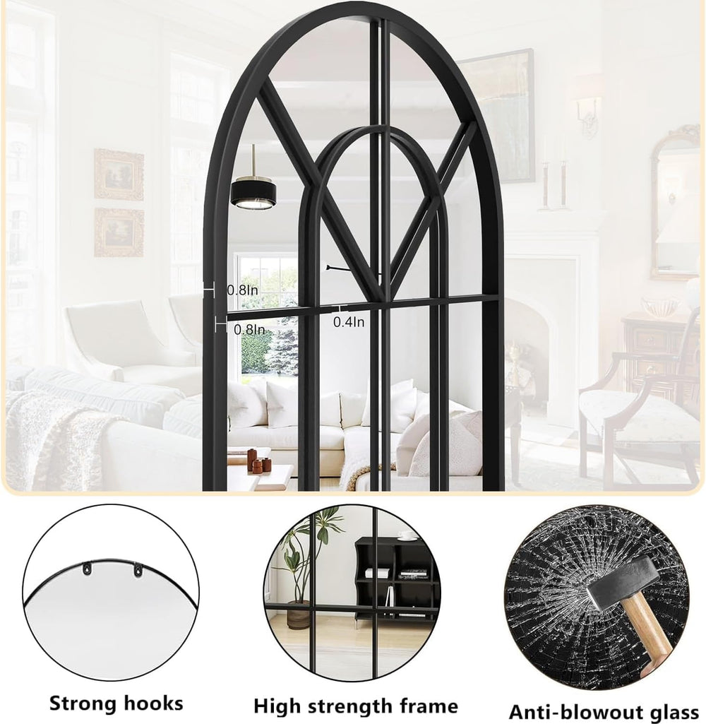 Dewfig Arched Wall Mirror, 42"x24" Metal Frame Windowpane Mirror, B...