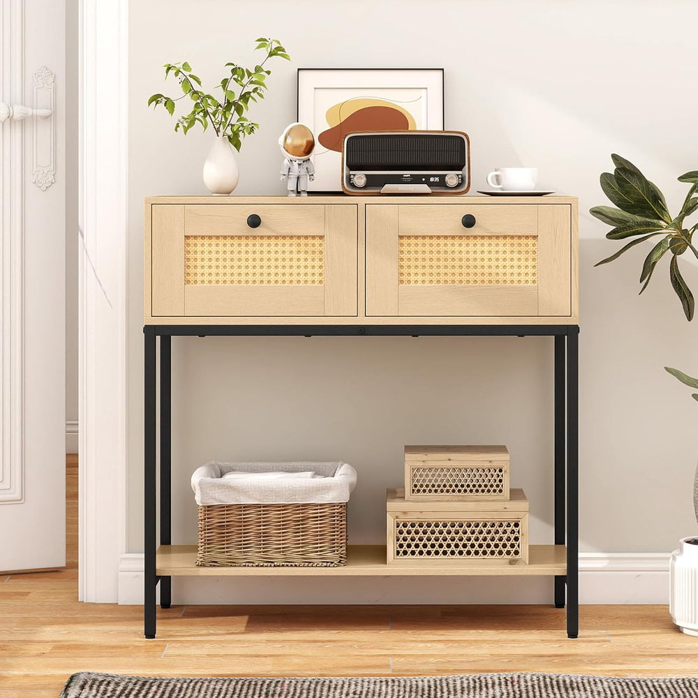 GOFLAME Rattan Console Table, Boho Entryway Table with 2 Drawers & Open S...