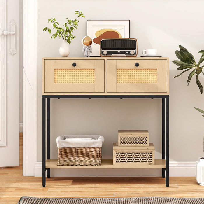 GOFLAME Rattan Console Table, Boho Entryway Table with 2 Drawers & Open Storage Shelf, Narrow Long Sofa Table with Metal Legs, Foyer Table Behind Couch Table for Living Room, Hallway, Natural