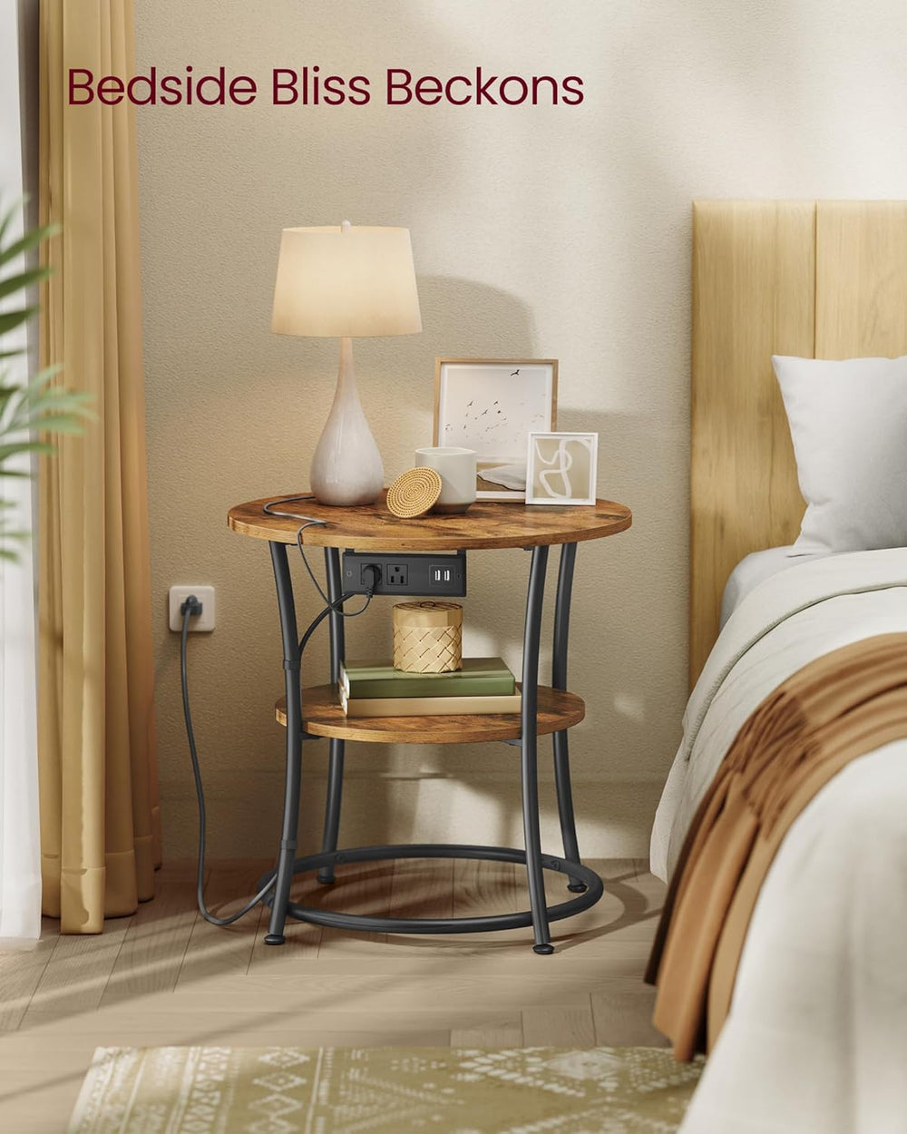 VASAGLE 21.7-Inch Round Side Table, 2-Tier End Table | Nightstand with Steel ...