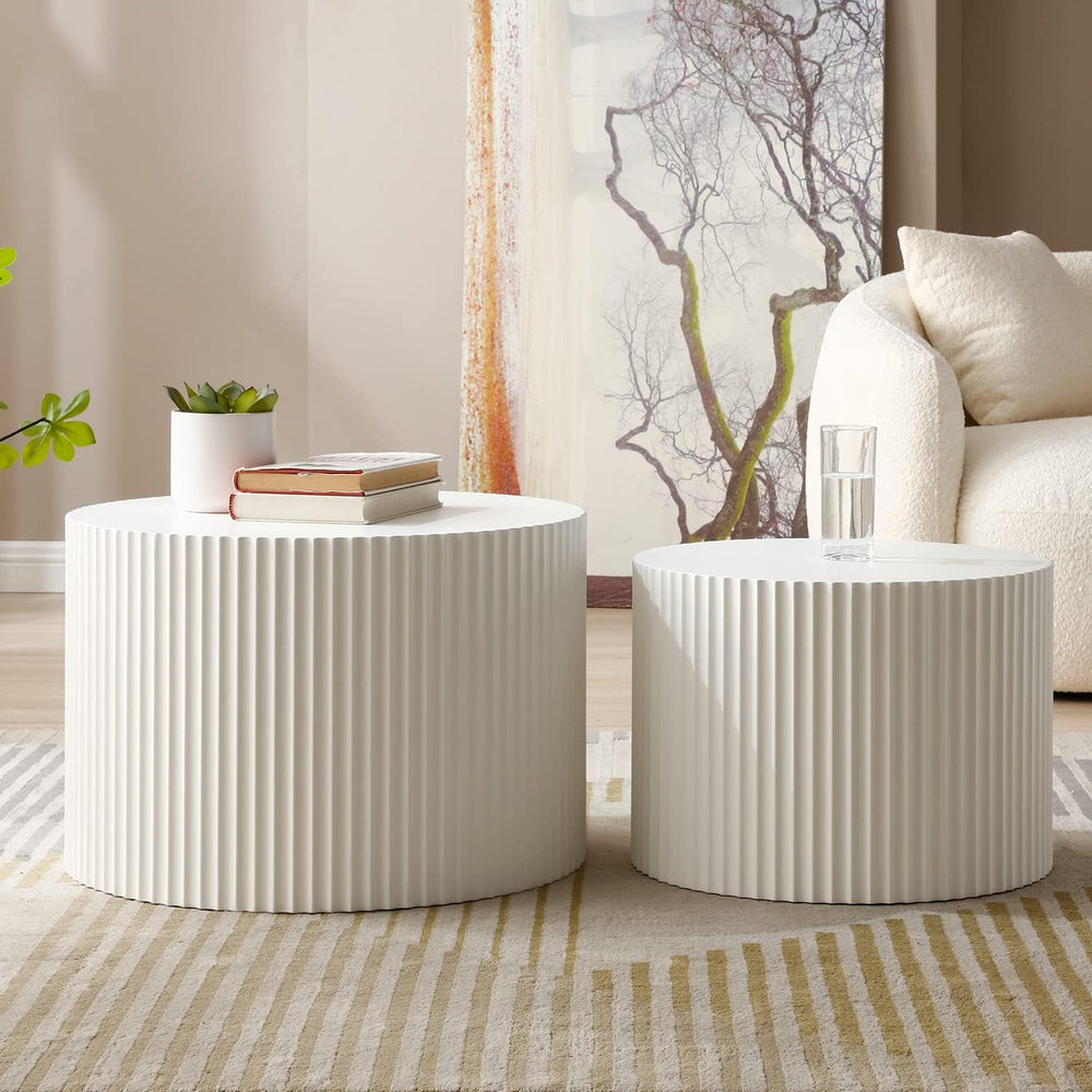 42.52'' White Round Nesting Coffee Table Set of 2 Modern Drum Side En...