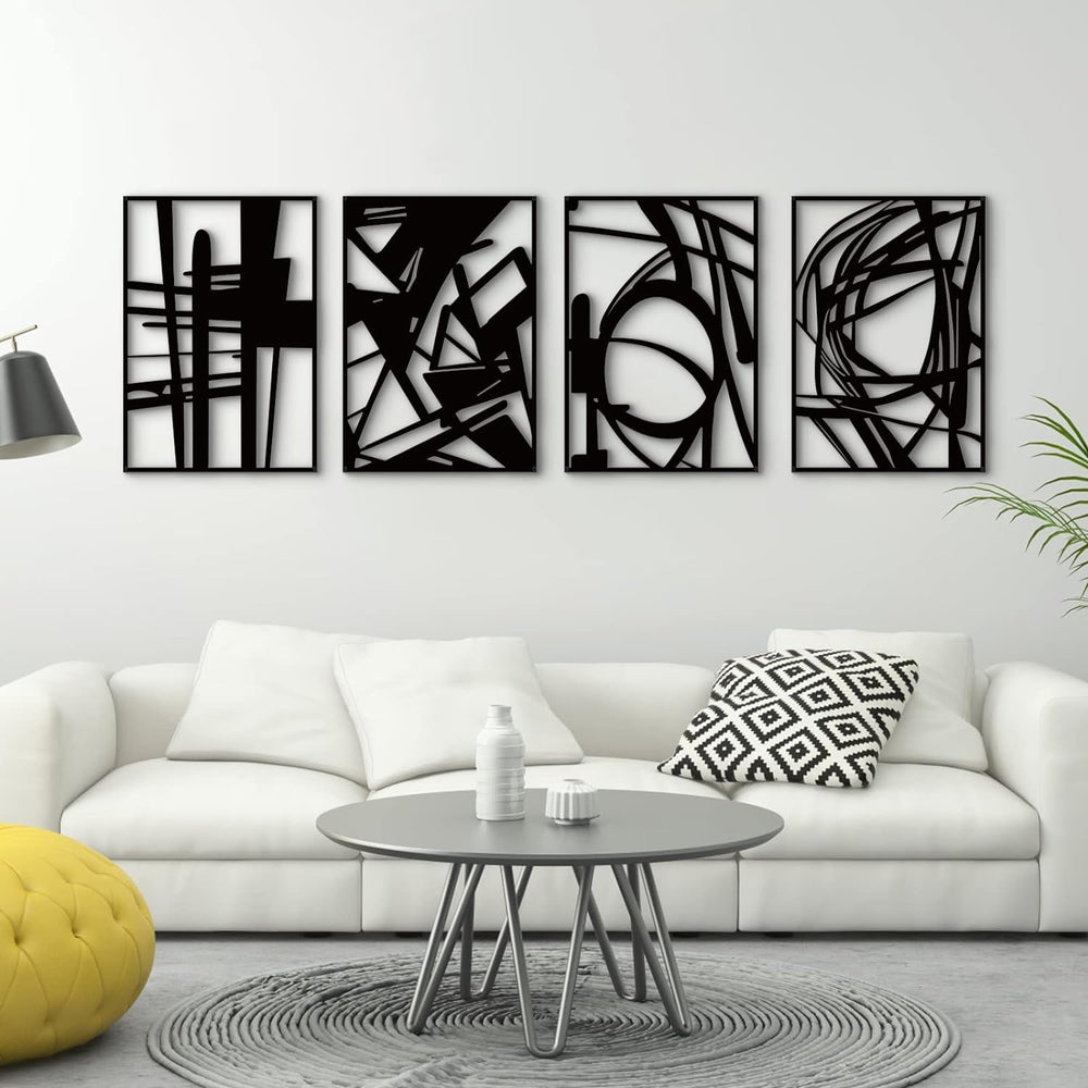 Glamativity 4 Pack Black Abstract Metal Wall Art, Minimalist Décor Single Lin...