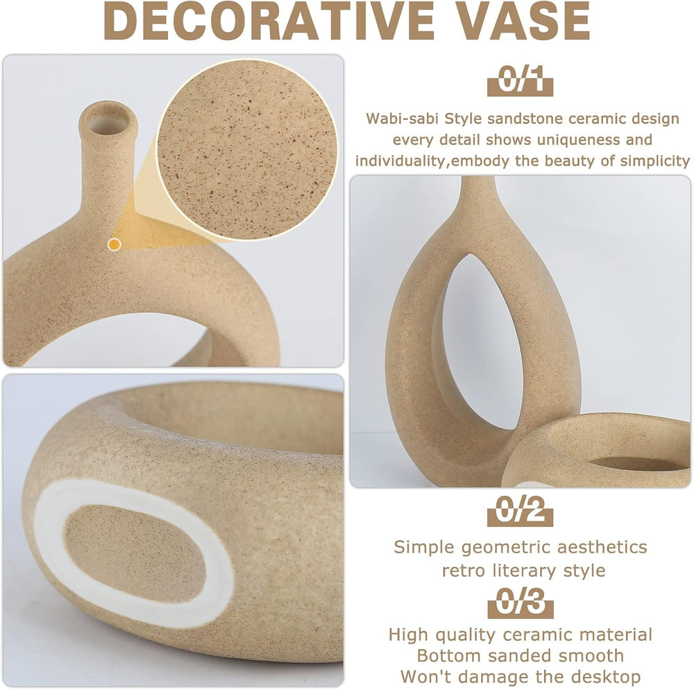 LCCCK Matte Beige Ceramic Vase, Tan Circle Vases with Hole, Neutral Rustic Ce...