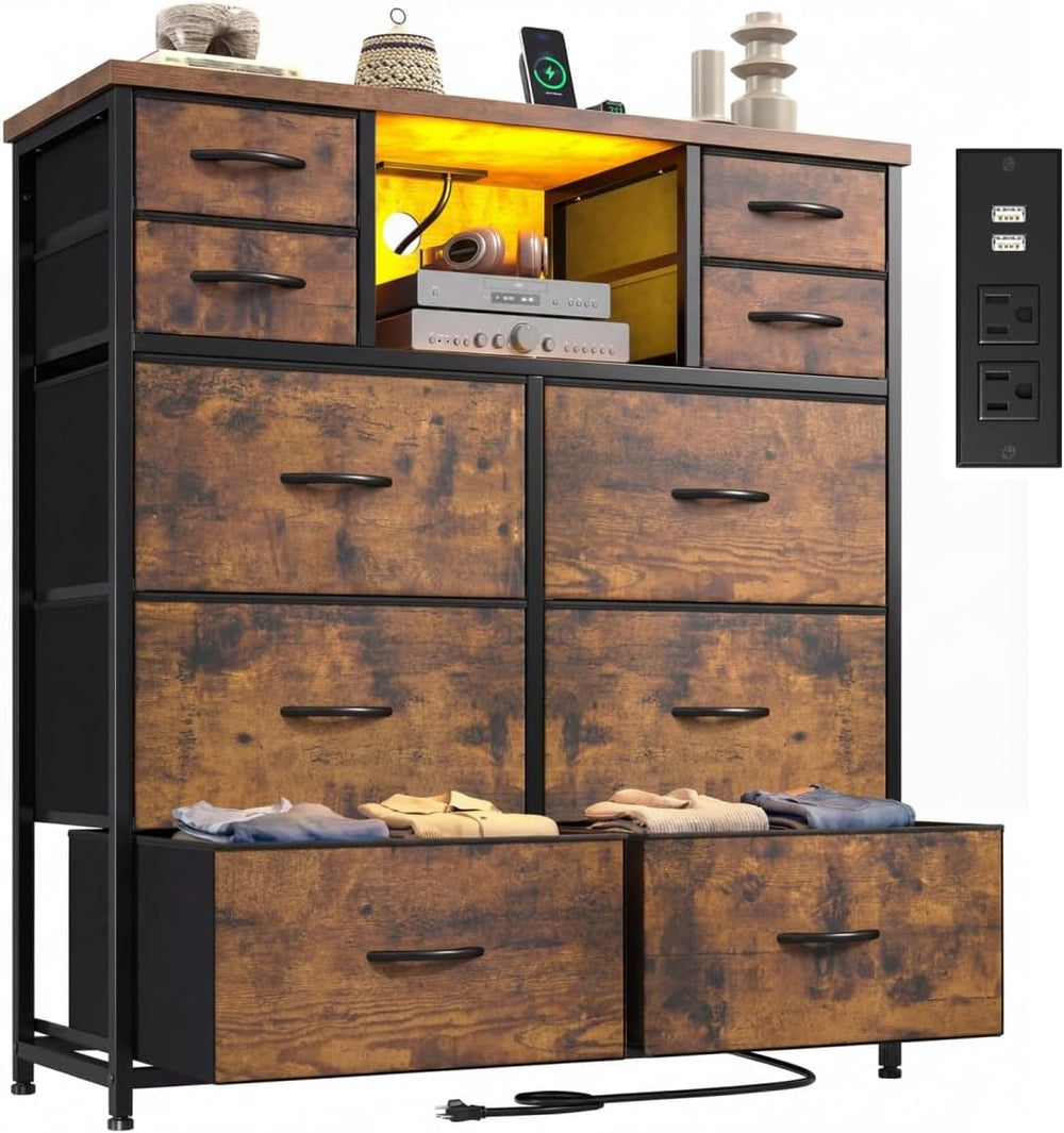 Dresser for Bedroom with Charging Station & LED Light, 10 Drawers